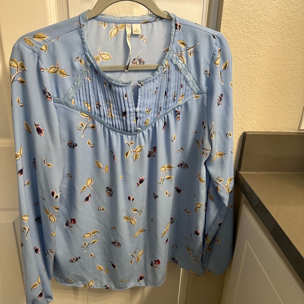 Floral Blue Blouse with Lace Detail